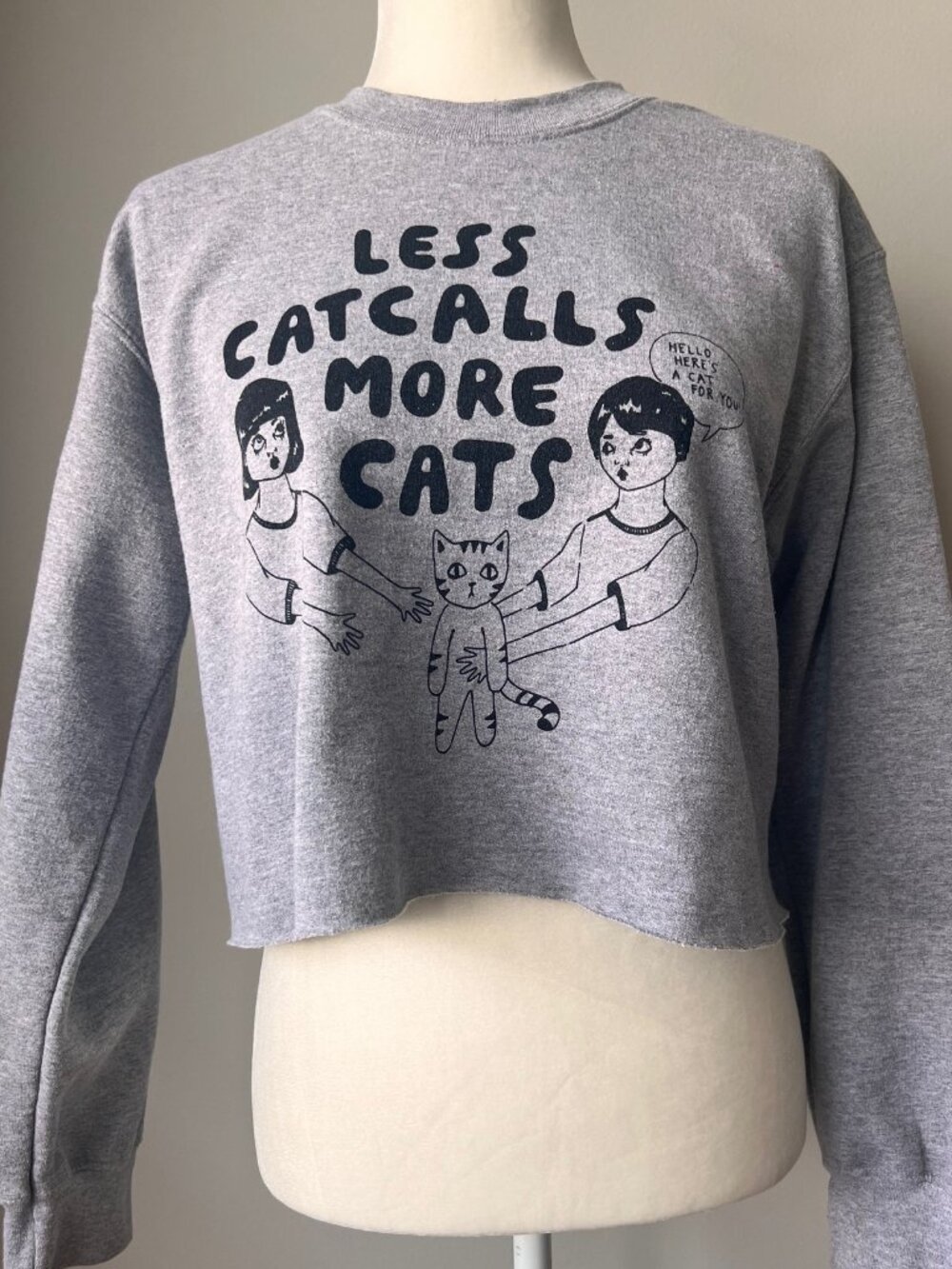 Grey Sweater Less Catcalls More Cats - S